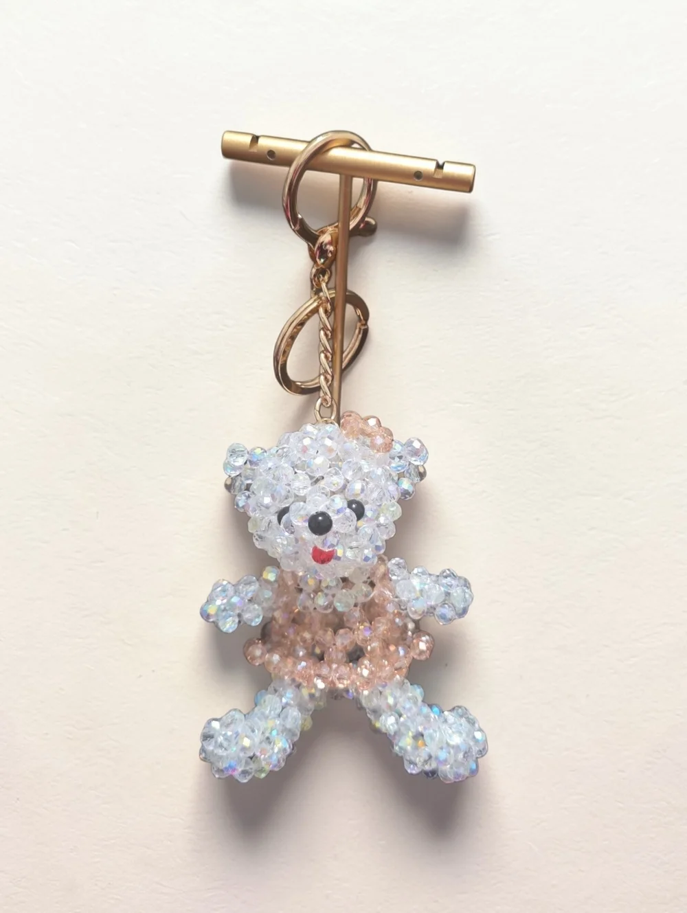Beaded Teddy Bear Keychain - Pink and Iridescent - Picture 1 of 5